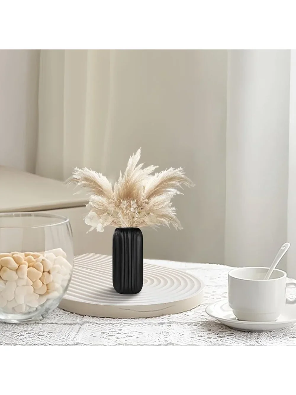 Modern Small Black Ceramic Vase Flowers Ribbed Textured Farmhouse Home Livings